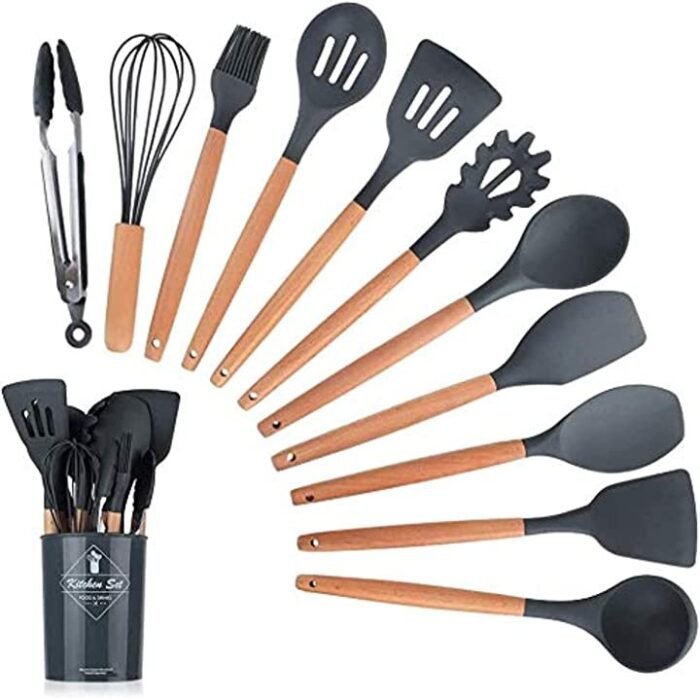 مجموعة أدوات مطبخ من السيليكون مع مقبض خشبي 12 قطعة : 12 pièces d’ustensiles de cuisine en silicone - Image 4