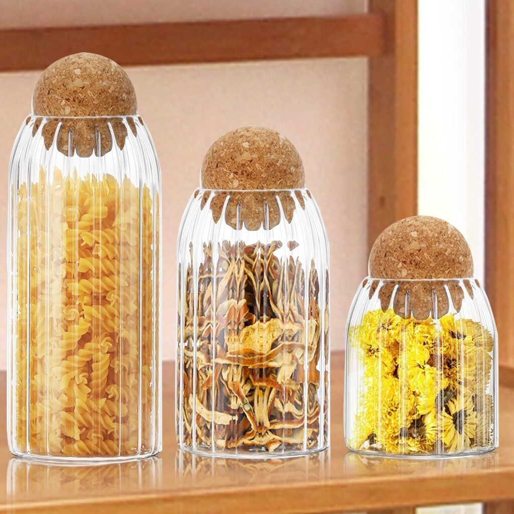 مجموعة من 3 زجاجات تخزين مختلفة الاحجام مع سدادة من الفلين : Ensemble de 3 bocaux de rangement en verre de différentes tailles avec bouchon en liège 5123-7