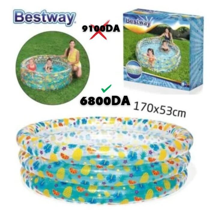 حوض السباحة للأطفال قابل للنفخ بـ3 حجرات هوائية Piscine Gonflable Ronde Motif Avec 3 Compartiments à Air Pour Enfants 170x53cm Bestway - Image 1