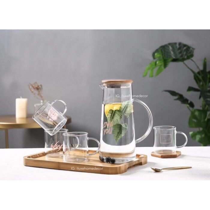طقم ابريق زجاجي مع صينية من الخيزران و 4 اكواب : Ensemble pichet en verre avec plateau en bambou et 4 verres 80496 - Image 2