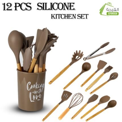 مجموعة أدوات مطبخ من السيليكون مع مقبض خشبي 12 قطعة : 12 pièces d’ustensiles de cuisine en silicone