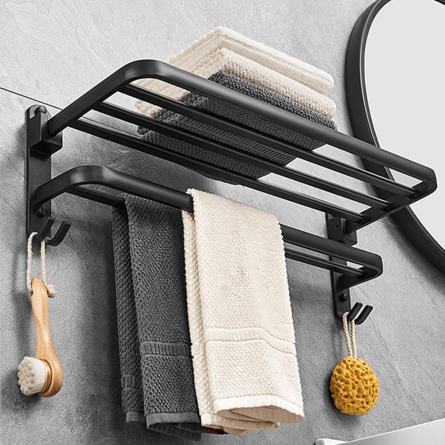 71f57VyTZNL._AC_SL1500_-1.jpg Porte-serviette mural pliable en aluminium Noir – خفيف، متين، ويعطي لمسة عصرية لحمامك - الصورة 1