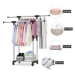 ⁦Double Penderie à vêtements portable à roulettes en Acier Inoxydable – علاقة ملابس متنقلة⁩ - الصورة ⁦2⁩