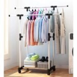 ⁦Double Penderie à vêtements portable à roulettes en Acier Inoxydable – علاقة ملابس متنقلة⁩ - الصورة ⁦3⁩