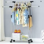 ⁦Double Penderie à vêtements portable à roulettes en Acier Inoxydable – علاقة ملابس متنقلة⁩ - الصورة ⁦5⁩