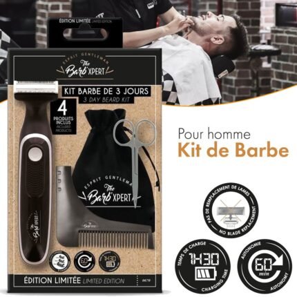 Kit Barbe Tondeuse Hybride, Ciseaux Barbe et Moustache, Peigne Sculptant - Pochette Barb'Xpert