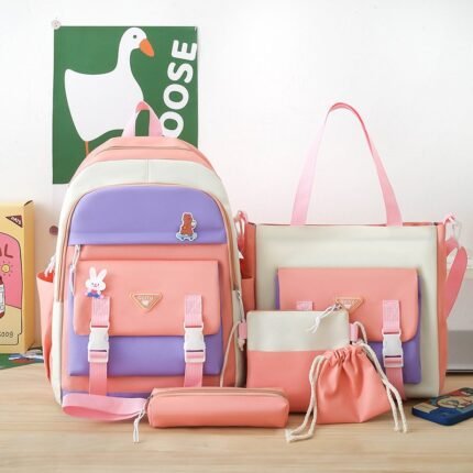 Ensemble de sacs d’école Kawai pour adolescents 5Pcs Guiyu V1 Rose – محفظة 5 قطع كاواي وردي