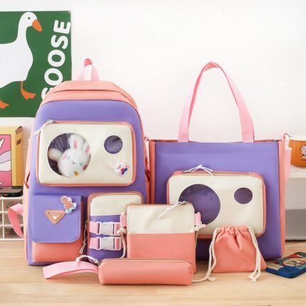 Ensemble de sacs d’école Kawai pour adolescents 5Pcs Guiyu V2 Rose – محفظة 5 قطع كاواي وردي