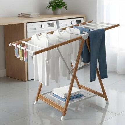 Sèche linge Aluminium à 4 Roues Design Bois – مجفف ملابس مع عجلات مخفية