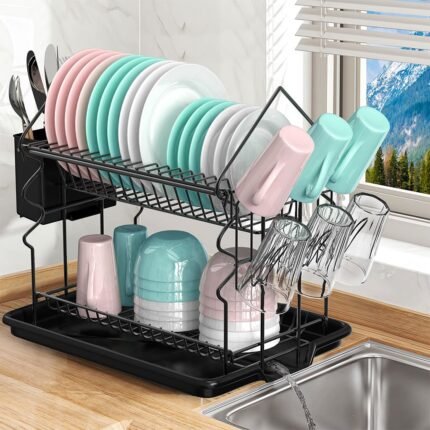 Égouttoir à Vaisselle 2 Niveaux avec Porte Ustensiles et Plateau d’égouttement