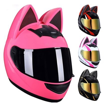 Casque de moto pour femme et fille avec oreilles de chat - خوذة احترافية للنساء