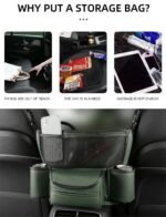 ⁦Sac de rangement en cuir pour siège de voiture, cintre central, sac à main automatique, support entre les sièges, poches pour gobelets à eau en tissu, évaluation de rangement⁩ - الصورة ⁦4⁩